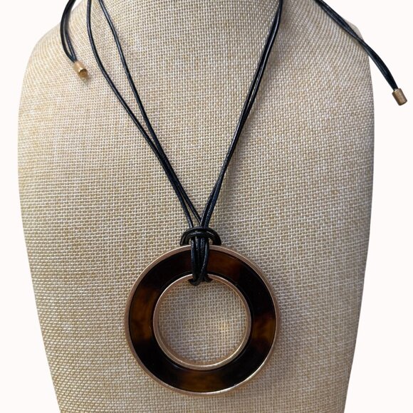 Chicos Tortoiseshell Pendant Necklace With Adjustable Black Cord Chain - Picture 1 of 10